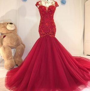 Red Beaded Long Train Mermaid Gown
